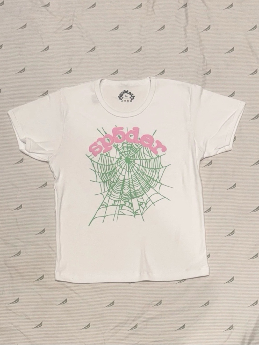 White Sp5der Baby Tee with Pink & Green Print
